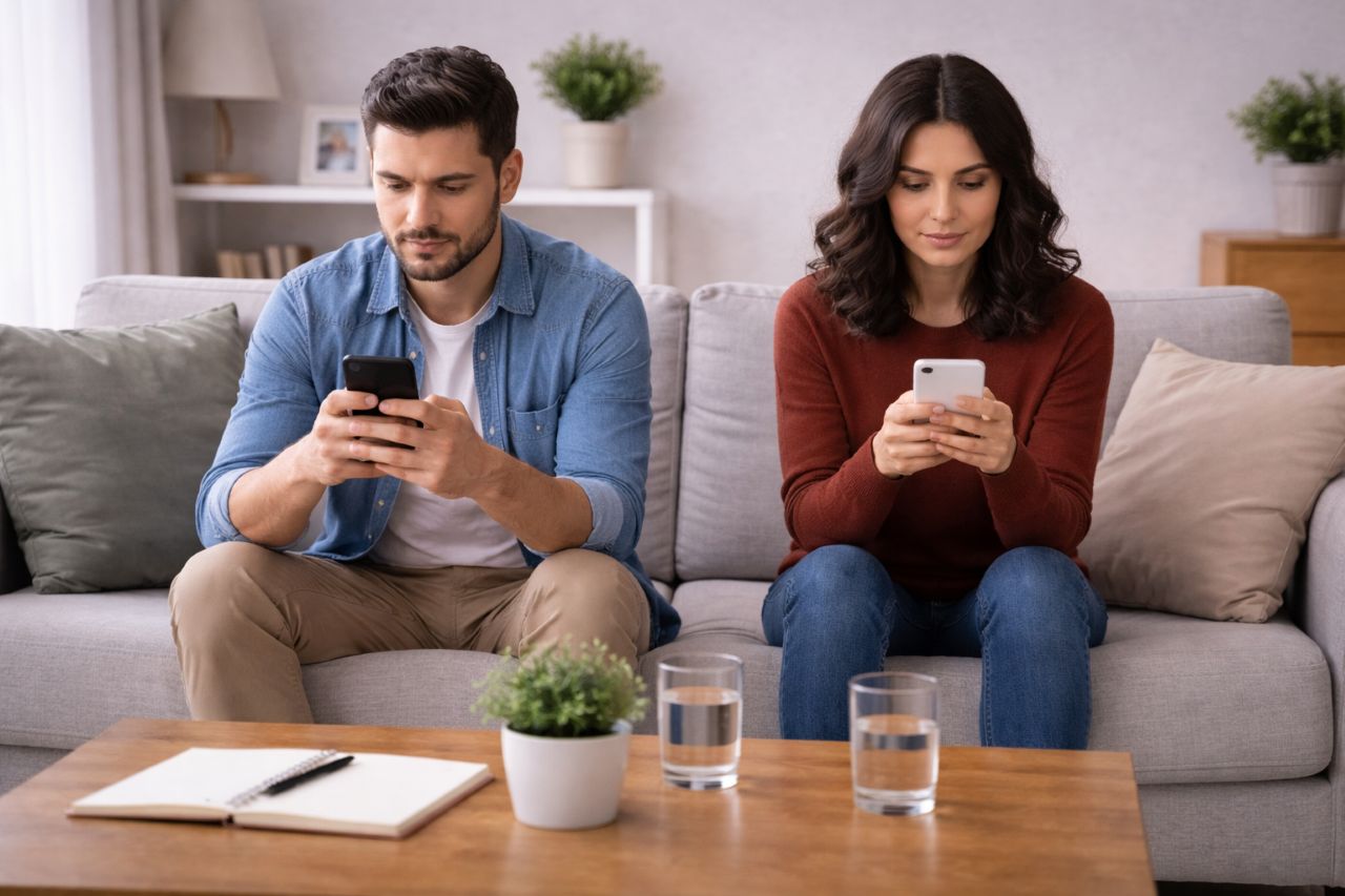 Casal sentado no sofá, cada um olhando o próprio celular